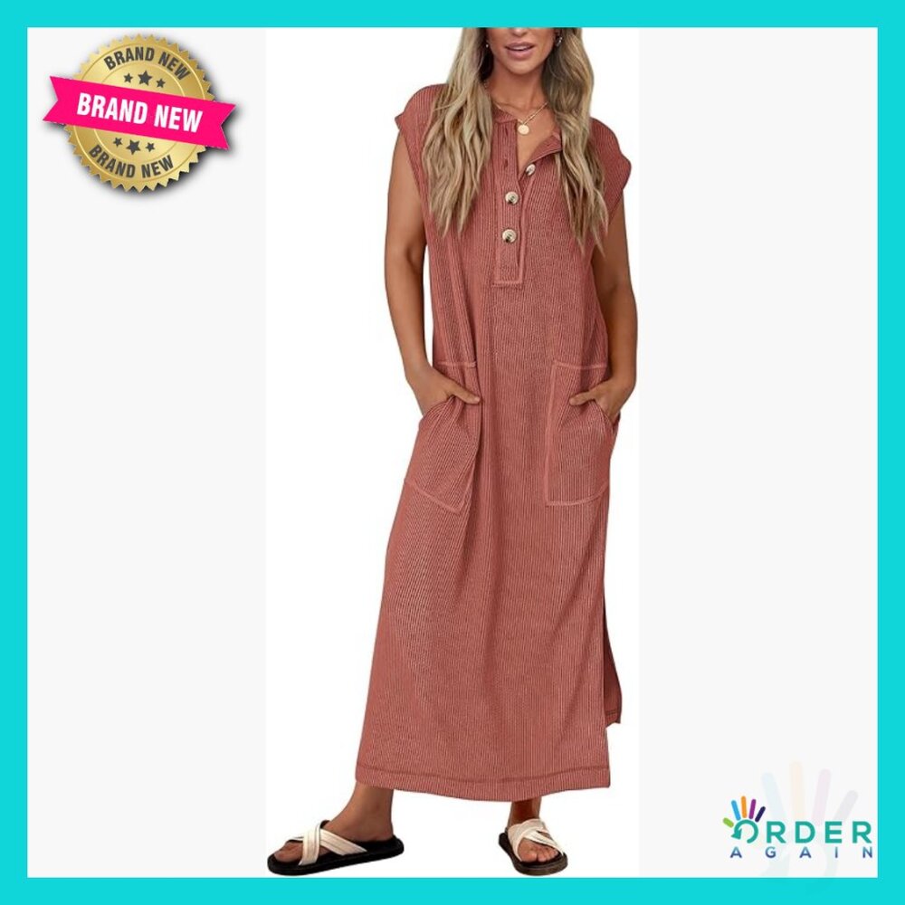 Ribbed Knit Henley Maxi Dress Loose Fit Casual Beach Vacation Sundress